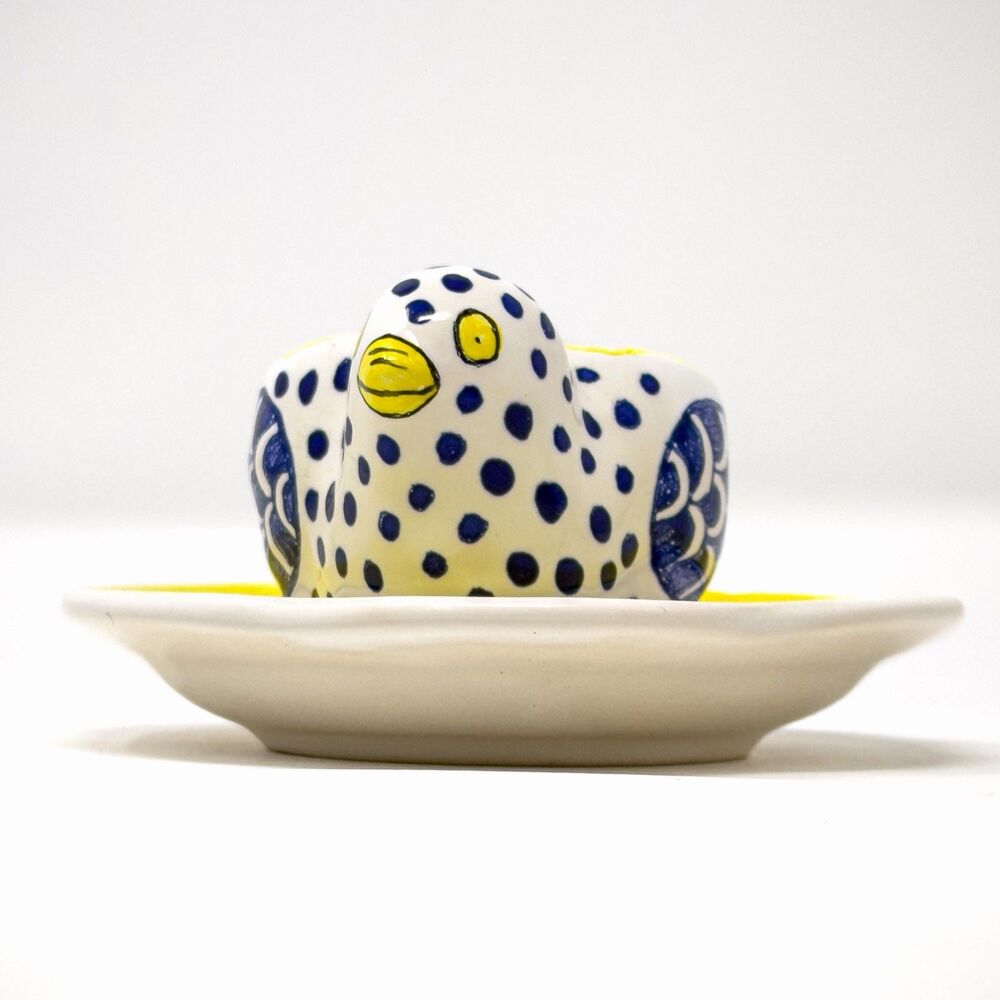 Quimper HB Henriot Bird Dish Blue White Yellow French Pottery Signed - Picture 2 of 8
